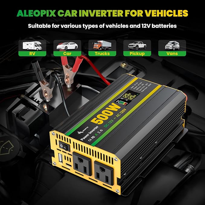 500 Watt Power Inverter for Vehicles, Car Power Inverter with 2 AC Outlets/Cigarette Lighter/PD 36W USB-C/QC 18W Port/LED Display, Inverter 12V to 110V for Truck/Car/Laptop/Camping with Surge 1000W