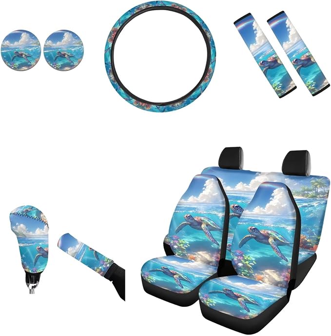 AFPANQZ Blue 3D Turtle Car Seat Covers Full Set of 11 Seat Accessories Protector Hand Brake Gear Shift Knob Cover, Seat Belt Pads, Steering Wheel Cover Universal Fit Car Truck SUV