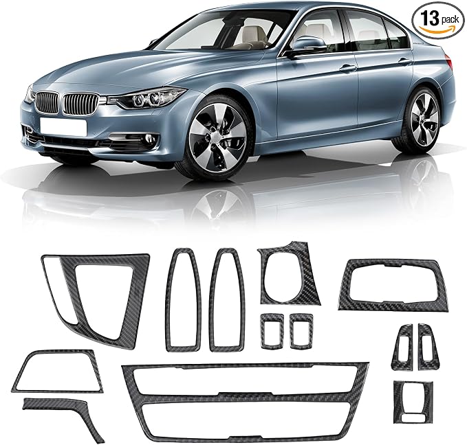 13PCS Real Carbon Fiber Interior Trim Kit Compatible with BMW 3 Series F30 F31 F34 2012–2019, 4 Series F32 F33 F36 2014–2020, Interior Decor Sticker Accessories
