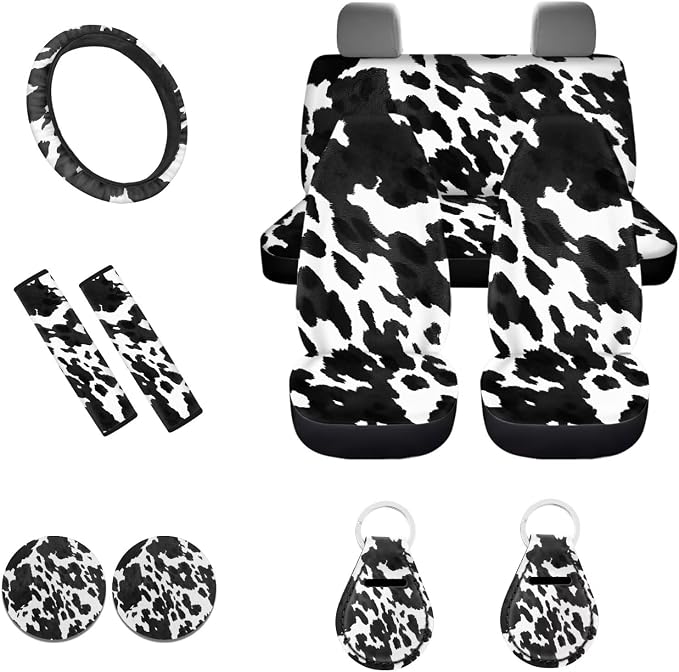 POLERO Cow Print Car Seat Cover Set 11pcs Vintage Steering Wheel Cover Auto Interior Accessories with Seatbelt Protector Pads Car Coasters and Keychains