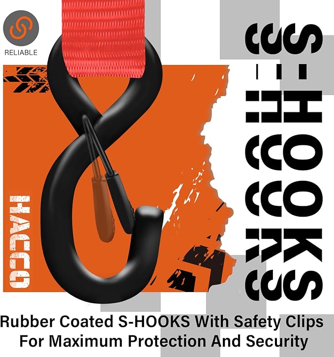 HACCOPLANET Ratchet Straps, 5280lb Break Strengeth, 1.6" Heavy Duty Ratchet Tie Down Strap Set w/Padded Handle, S Hook, Soft Loop for UTV Motorcycle Truck Cargo Straps (Red, 8FT)