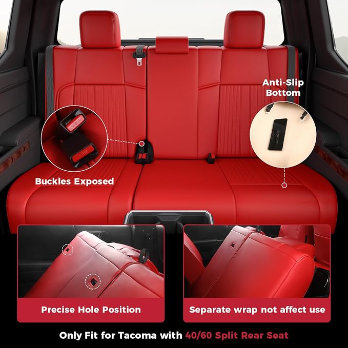FREESOO Custom Fit Leather Tacoma Seat Covers Full Set Gen 4Th 2024-2026 Double Cab, for Sr/Sr5/Trd Prerunner/TRD Sport/TRD Off-Road/Limited, Seat Covers for Tacoma (5 Seats, Red)