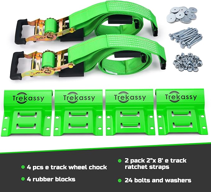 Trekassy Wheel Chock Tie-Down Kit with Rubber Blocks, (4,500lb Break Strength) Heavy Duty E Track Trailer Tire Straps for ATV, UTV, Lawn Mower- 2 Pack