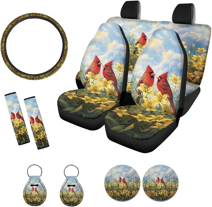 Suobstales Cardinal Lily Flower Print Car Accessories with Car Front Rear Split Seat Covers, Seat Belt Pads + Steering Wheel Cover + Coaster + Keyrings for Women Men Set of 11-Pcs
