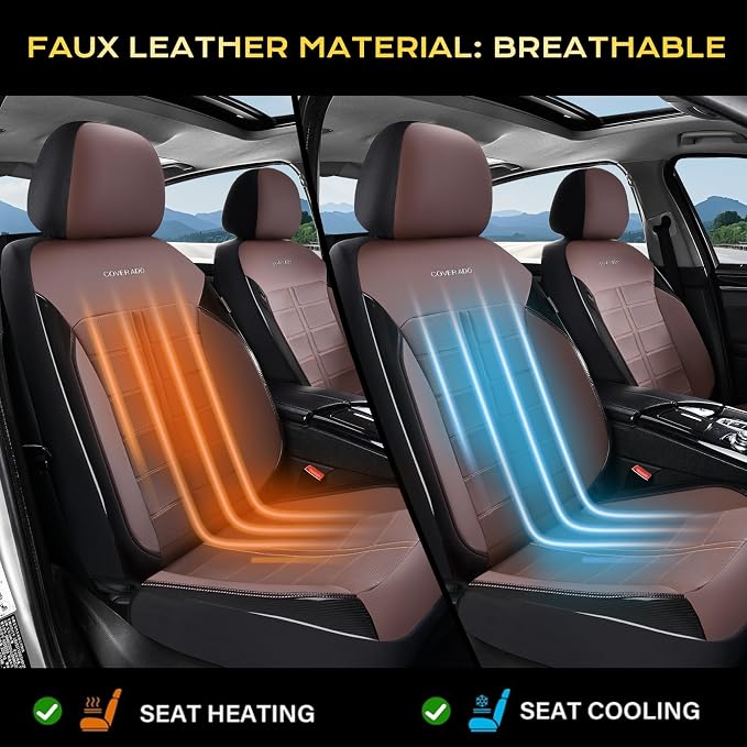 Coverado Front Seat Leather Covers, Full Leather Construction with Carbon Fibre Weave, Universal Fit for Most Cars SUV Trucks (Coffee)