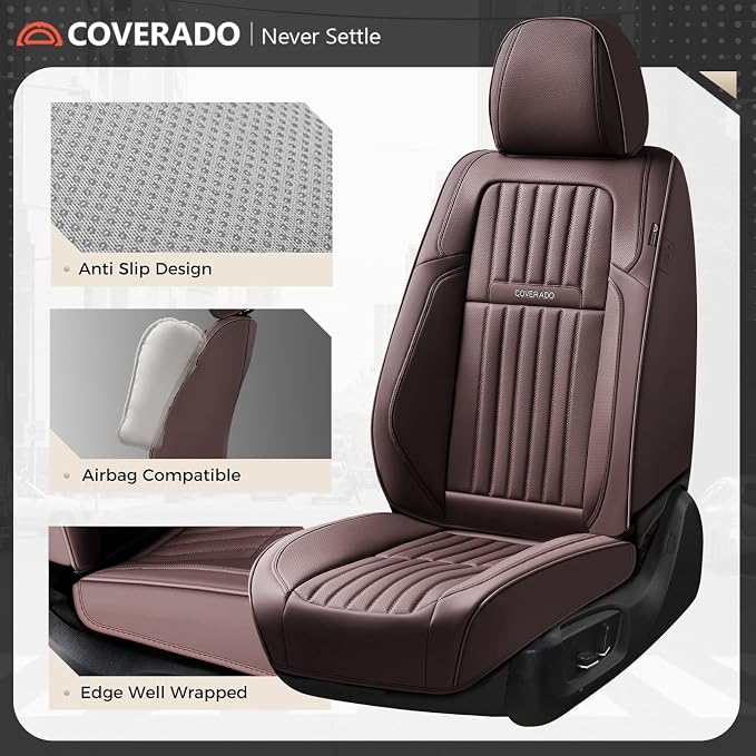 Coverado Car Seat Covers Full Set, Seat Covers for Cars, Car Seat Cover, Car Seat Protector, Leather Car Seat Cushion, Waterproof Car Seat Covers Front Seats and Back Fit for Most Cars(Coffee)