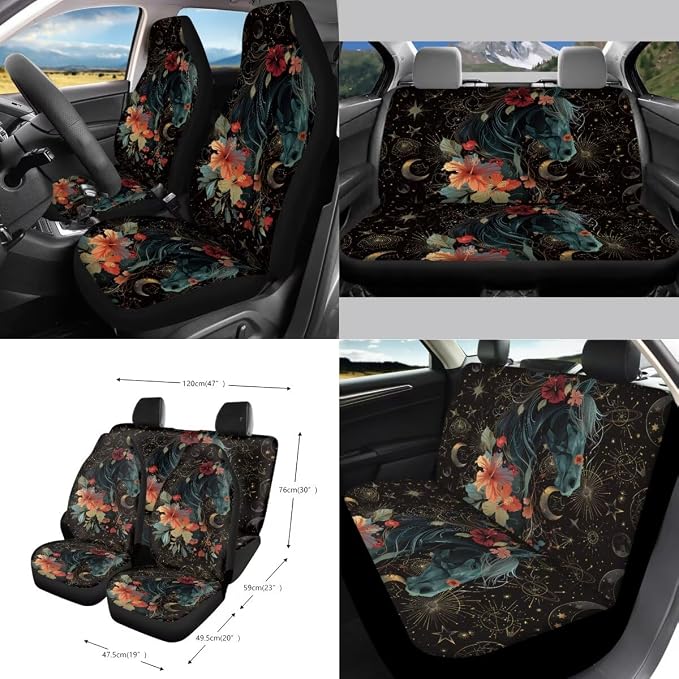 Horse Hibiscus Moon Print Car Seat Cover Full Set of 15 Steering Wheel Cover Seat Belt Strap Pad Trash Bag Air Vent Storage Holder Cup Coasters Rear View Mirror Covers Key Chain