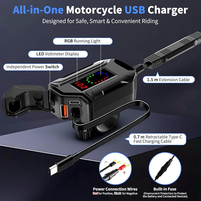 Motorcycle USB Charger, 3-in-1 Fast Charging with USB-A & USB-C + Retractable Type-C Cable, 12–24V Waterproof IP56, LED Voltmeter, Handlebar & Mirror Mount for Motorbike ATV