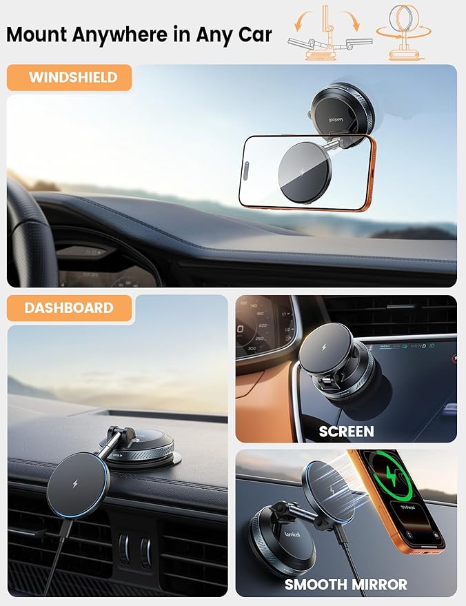Lamicall 15W for MagSafe Car Mount Charger - [70 LBS Strongest Suction] Magnetic Wireless Car Charger, Suction Cup Phone Mount, Vacuum Magnetic Phone Holder Car Mount for iPhone 17 Pro Max 16 15 14 13