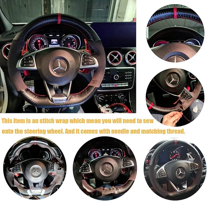 Matte Black Carbon Fiber&Suede Leather Steering Wheel Cover Hand-Stitch on Wrap Fit for Mercedes Benz W205/C43 GLA45 GLC43 AMG/CLA-Class C117/X156/C218/W213/X253 C253/W166/W222/SLC R172/R231