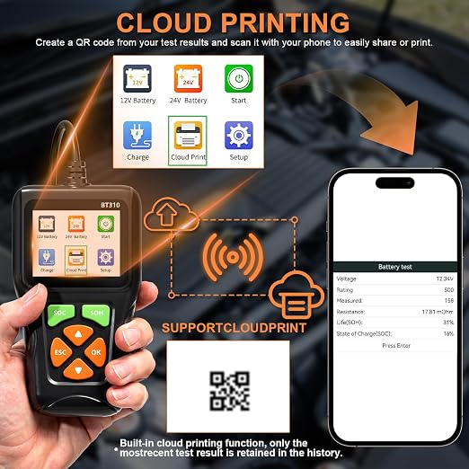 12V/24V Car Battery Load Tester Automotive – 100-2000 CCA Alternator & Charging Analyzer, QR Code Cloud Report No App Needed, for Car Truck SUV Motorcycle Snowmobile Boat