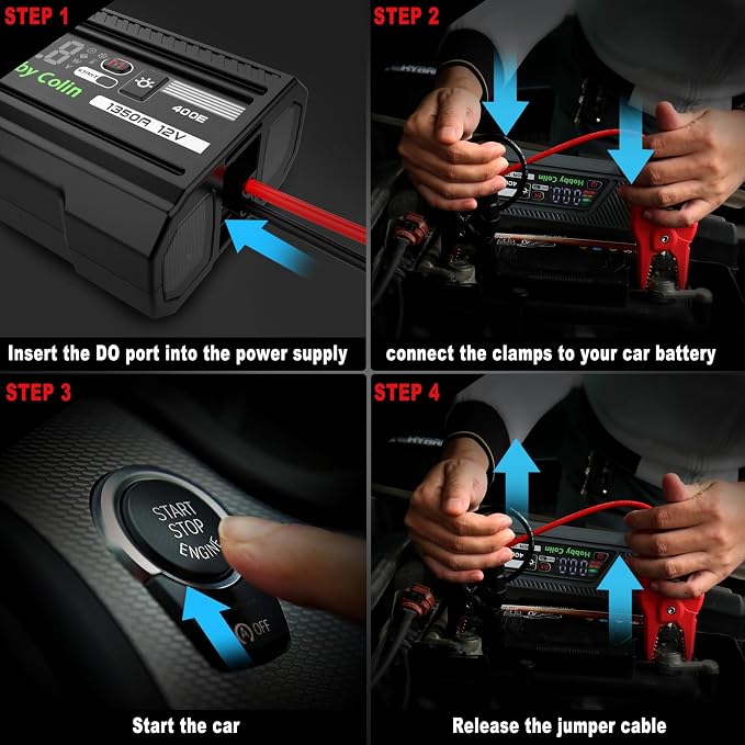 Hobby Colin 400E Car Jump Starter 12V 1350A Peak 1600mAh Battery Booster for 6.0L Gasoline and 3.5L Diesel Engines, LED Display, Indicators, Starter Cables