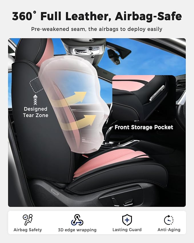 Huidasource Car Seat Covers Front Seats Luxury Nappa Leather, Front Seat Covers with Airbag, Front Storage Pocket, Lumbar Support, Cooling＆Heating, Universal Fit for Most Cars SUV Trucks, Black&Pink