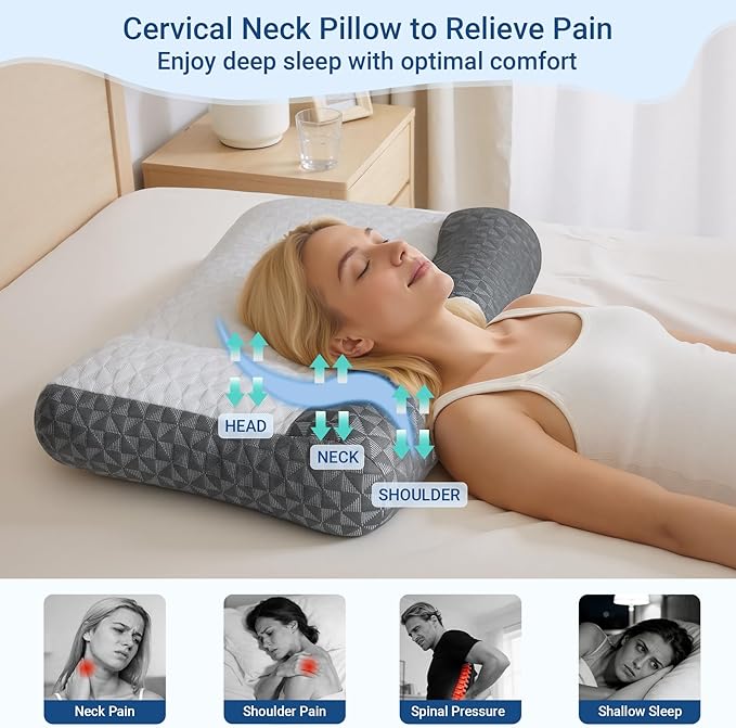 Cervical Neck Pillow for Sleeping - Ergonomic Side Sleeper Pillows for Pain Relief, Contour Cervical Pillow for Neck Support, Orthopedic Memory Foam Pillows for Side Back Stomach Sleepers (26″x15″)