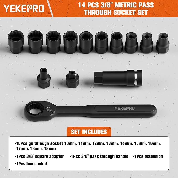15-Piece 3/8" Metric Pass-Through Socket Set with Reversible Ratchet, Non-Slip Extractor Sockets for Damaged & Stubborn Fasteners