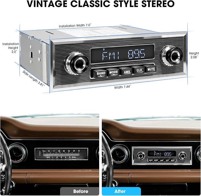 Retro Vintage Radio for Classic Vehicle - Single Din Bluetooth Car Stereo with AM FM USB AUX EQ Subwoofer RCA Output