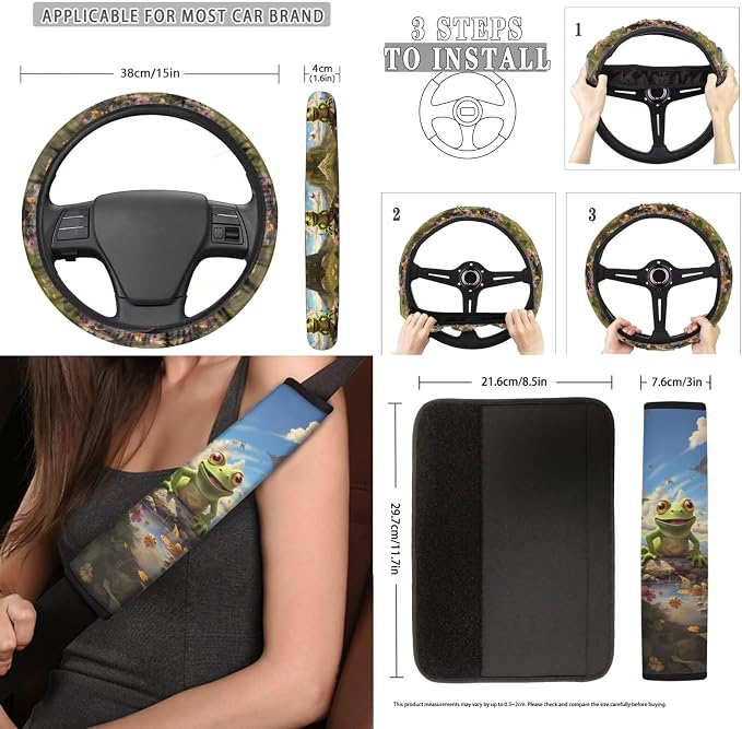 Poceacles Frog Butterfly Car Seat Cover Full Set for Women Men, Car Steering Wheel Cover Seatbelt Strap Cover Auto Coasters + 2Pcs Keychains + Tissue Box, Set of 13
