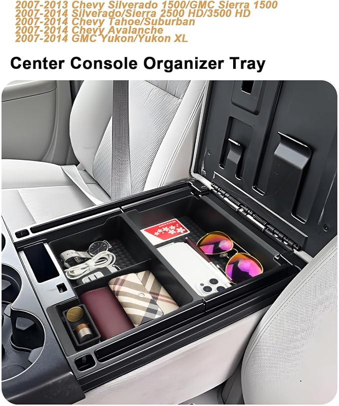ECOZEN Center Console Organizer for 2007-2014 Chevy Silverado/GMC Sierra & Tahoe/Suburban/Avalanche/Yukon/Yukon XL Accessories - Armrest Box Organizer - Only Fit Split-Bench Front Seat/Jump Seats