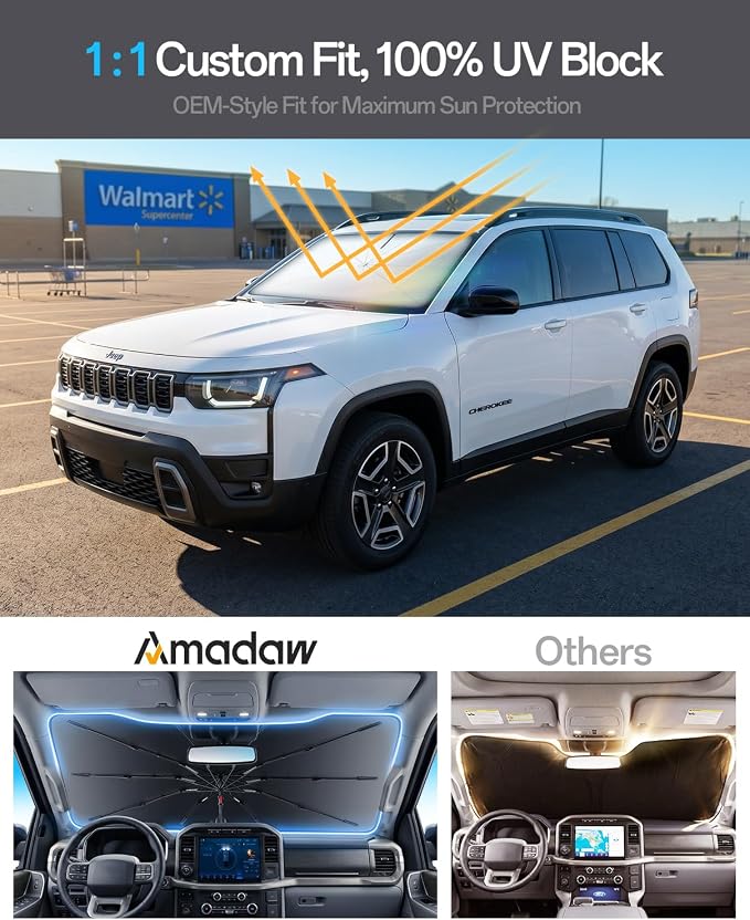 Windshield Sun Shade for Jeep Cherokee 2001–2023, Foldable Umbrella Sunshade with 100% UV Block, Multi-Layer Heat Insulation, Reinforced 10-Rib Frame, Keeps Car Cooler, Summer Car Accessory