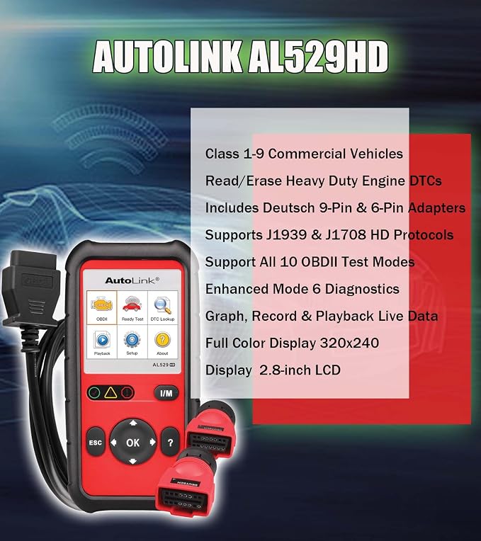 Autel AutoLink AL529HD Read/Erase Heavy Duty Engine DTCs Deutsch 9-Pin & 6-Pin Adapters One-Touch I/M Readiness/LED Indicator Support All 10 OBDII Test Modes Enhanced Mode 6 Diagnostics