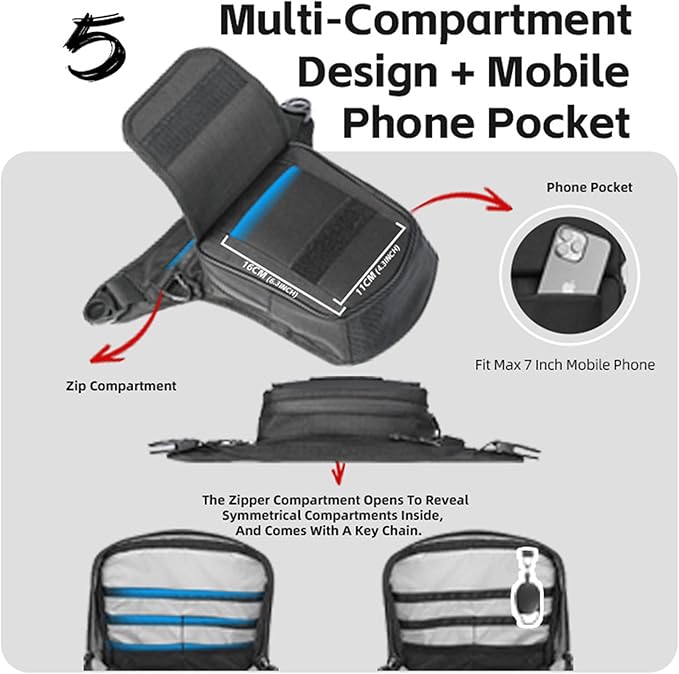 Rhinowalk Motorcycle Fuel Tank Bag,Magnetic and Strap on,Motorbike Tank Bag with Mobile Phone Pocket, Thigh bag,Leg Waist Chest Pouch,2.4L Backpack Motor Cycle Accessories