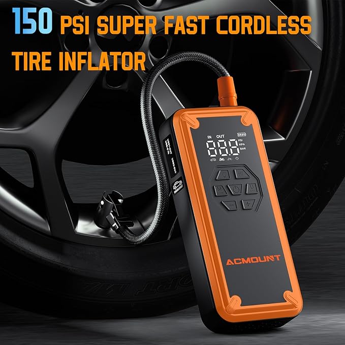Jump Starter with Air Compressor, Acmount 5000A Car Battery Jump Starter with 150PSI Tire Inflator for Up to 9.0 Gas/8.0L Diesel, 12V Portable Jump Starter Box with LCD Display, Light (Orange&Black)
