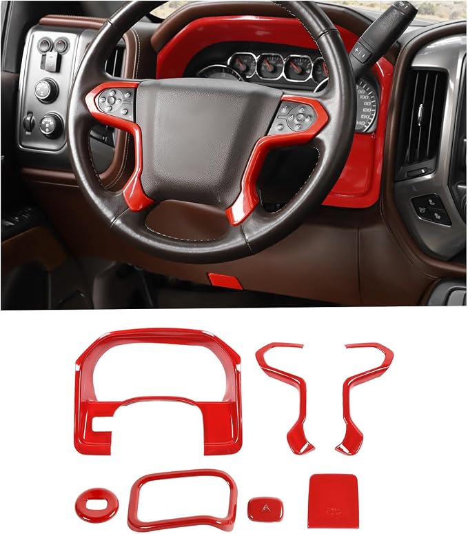 JWWY Interior Kit fit for 2014-2017 Chevrolet Chevy Silverado & GMC Sierra, Center Console Dashboard Start Switch Cover Trim Accessories Red 7PCS