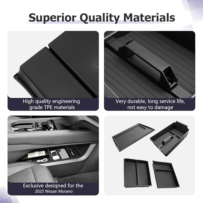 LUWU Center Console Organizer for 2025 2026 Nissan Murano SL/SV/Platinum Accessories Armrest Storage Box, Lower Console Organizers, Wireless Charging Protective Mat Murano 2026 Accessories 4-Pack