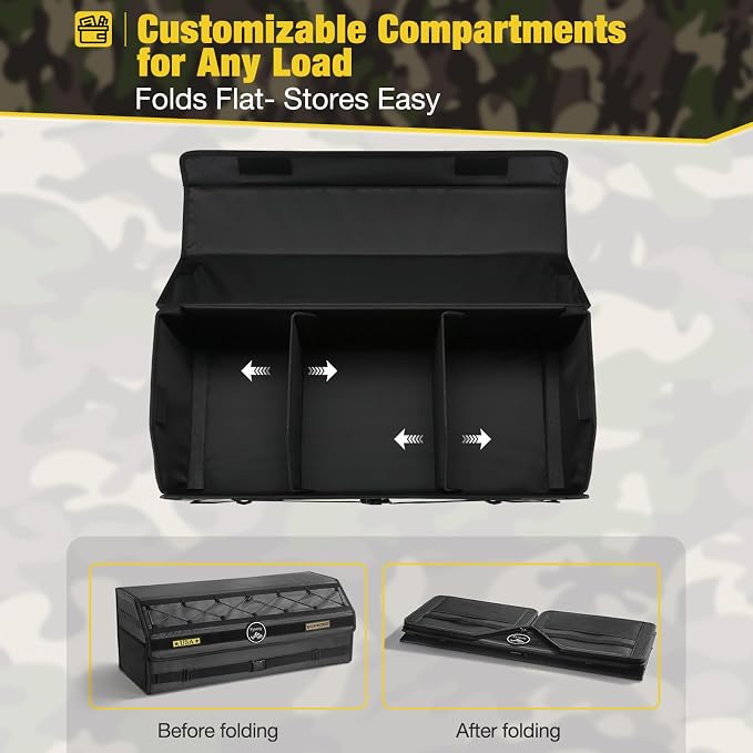 Fyzeoty Car Trunk Organizer for SUV and Sedan, Tactical‑Black, 29.5 in | Tactical & Aerospace Oxford, Extra‑Large, Hinged Lid, Collapsible & Adjustable, Water‑Resist & Dust‑Proof