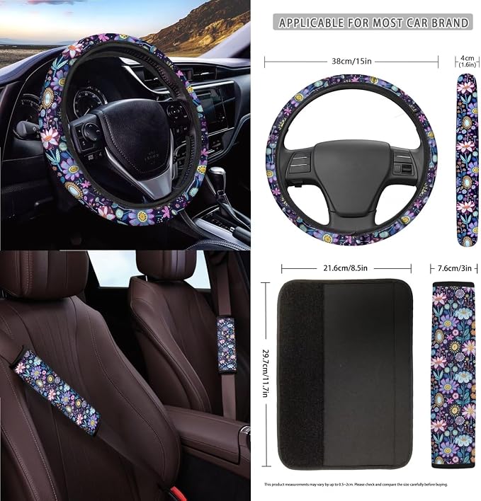 Boho Floral Print Car Seat Cover Sets Car Steering Wheel Cover Seat Belt Cover Trash Bin Air Vent Storage Box Front Rear View Mirror Car Cup Holder Keychain 15Pcs Car Accessories