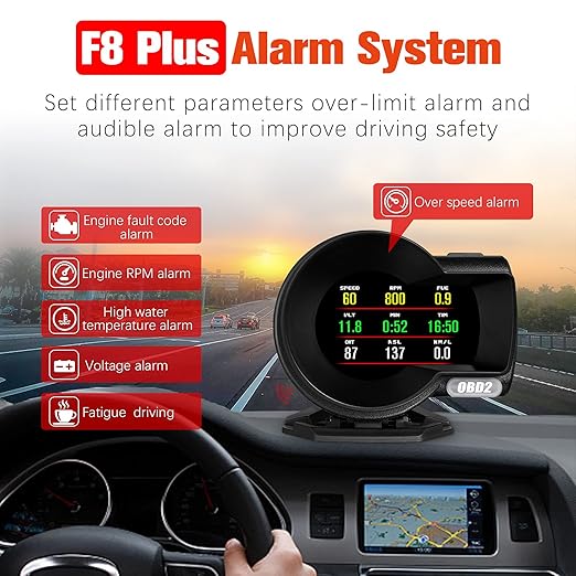 obd2 Gauges Display Car HUD Head Up Display F8 Plus,OBD+GPS Gauge, Digital Speedometer for Car with Water Temperature, Voltage, Fuel Consumption, RPM,obd2 Gauge Speedometer Suitable for All Car
