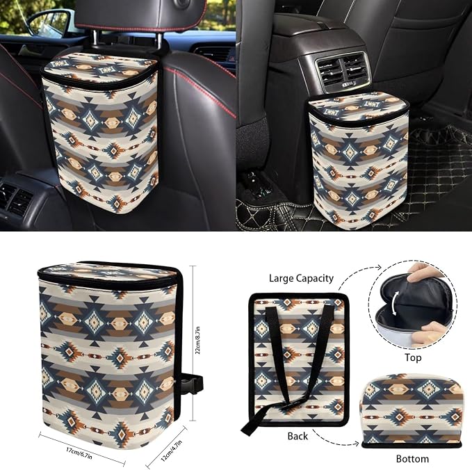 Beige Southwest Aztec Boho Car Accessories Car Seats Cover Protector, Steering Wheel Covers, Seatbelt Cover, Car Trash Can, Cup Coasters, Rearview Mirror Cover, Keychains, Pack of 15