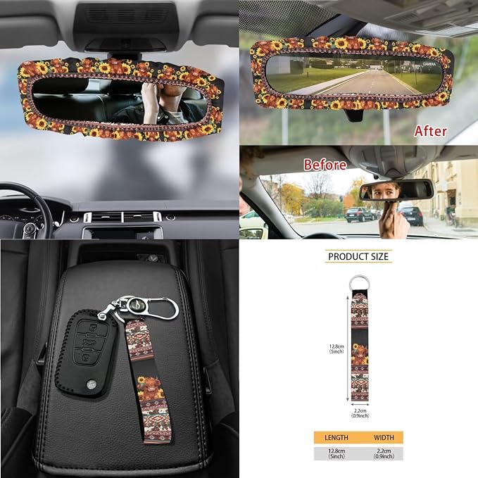 Aztec Highland Cattle Sunflower 15 PCS Car Seat Cover Full Set, with Steering Wheel Cover Seat Belt Strap Trash Cans Rear View Mirror Cover Coaster Air Vent Storage Bag Universal Fit