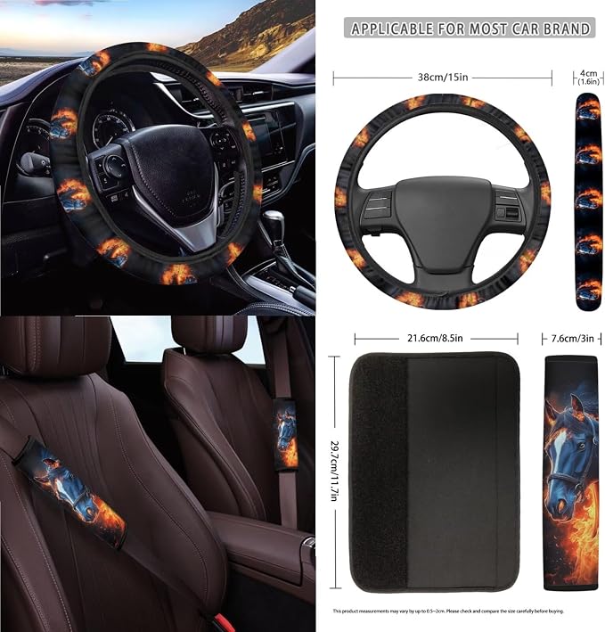 Horse Fire Pattern Car Accessories Set of 15, Front Rear Seat Covers Steering Wheel Cover Seatbelt Cushion Coasters Keychain Trash Can Air Vent Bag Universal Fit
