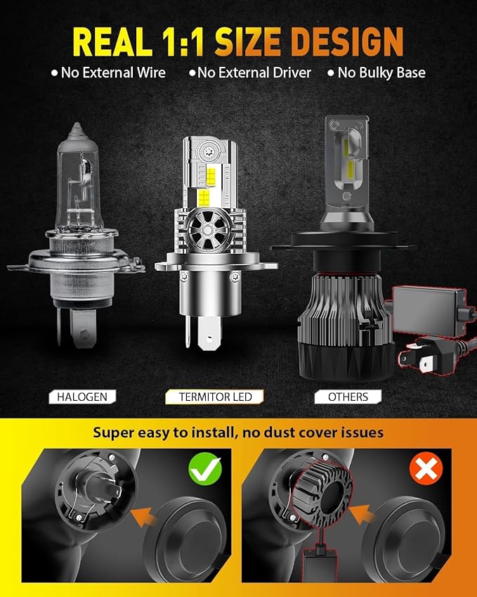 Termitor Latest H4/9003/HB2 Light Bulbs, 50,000LM Brightness, 6500K White Super Bright, 1:1 Halogen Size, 6500 Cool White H4 Fog Lights, No Adapter Required, Easy Install, Non-Polarity, Pack of 2