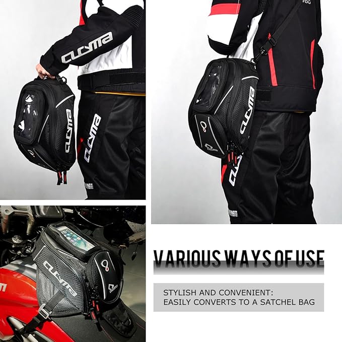 Motorcycle Tank Bag, Magnetic Motorcycle Tank Bag with Detachable Clear Phone Pouch and Rain Cover, Gas Tank Bag for Street and Touring Bikes, Black