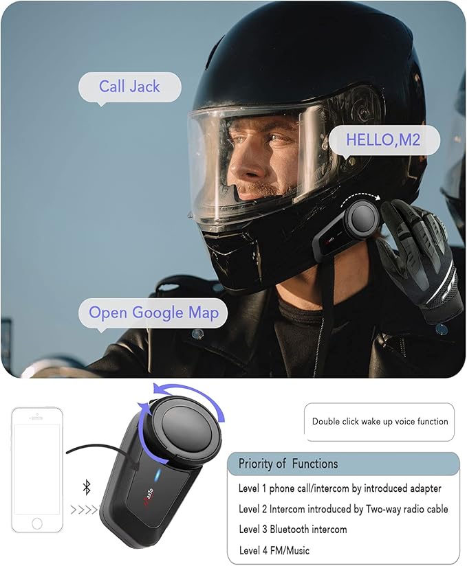 MAXTO Motorcycle Bluetooth Headset, M2 Group Motorbike Helmet Communication Systems 6-Way BT5.0 Waterproof Intercom 1000M Range with FM Radio,Siri,Voice dial for Ski/ATV/Full/Half Face(2 in 1 Mic)