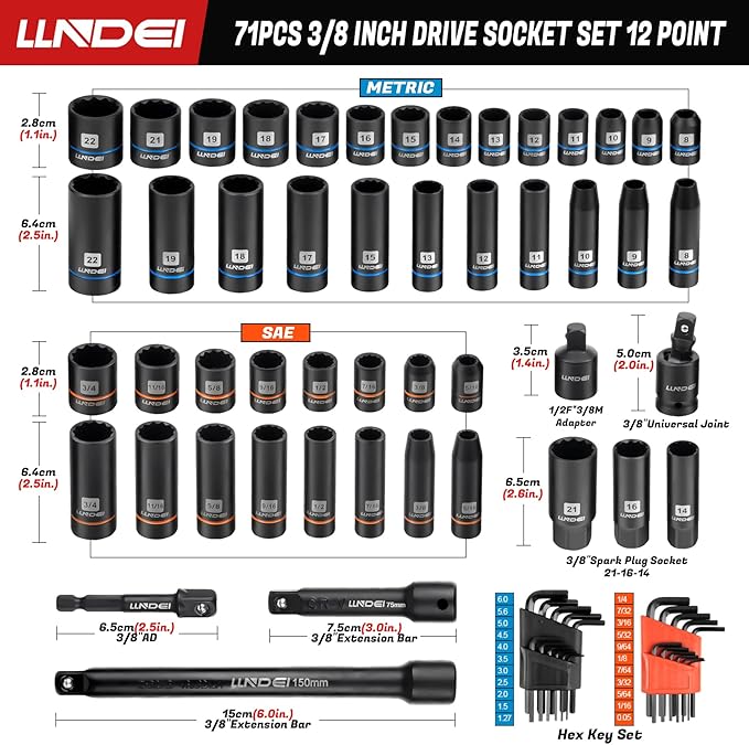 LLNDEI 3/8 inch Drive 12 Point Socket Set 71 Piece,SAE(5/16-3/4in) and Metric(8-22mm),Deep & Shallow,CR-V.With Drill Socket Adapter & Extension Bar 3/8 in,Hex Key Set 12Pt Can Also Be Used on 6pt