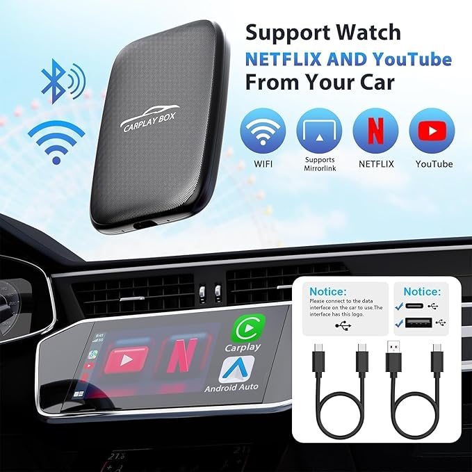 3-in-1 Wireless Carplay and Android Auto Adapter Streaming Video Fits Netflix/YouTube/TF Card, 2025 Upgrade Magic Car Play Vedio Box Converts OEM Wired to Wireless CarPlay Adapter for Cars from 2016