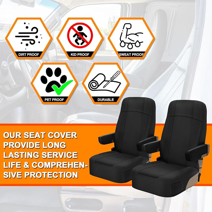 RV Seat Covers Compatible with Motorhome Captain Chairs, Driver & Passenger Leather and Neoprene Fabric Seat Covers,All Black