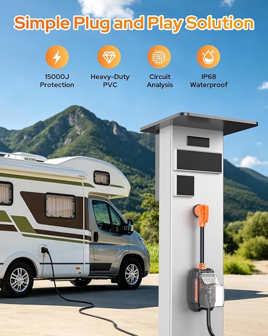 GEARGO 𝑵𝒆𝒘𝒆𝒔𝒕-𝑮𝒆𝒏 RV Surge Protector 30 Amp, 15000J Circuit Analyzer with IP68 Waterproof Cover, High-Energy Protection & Temperature Control, RV Adapter Plug for Camper, Travel Trailers