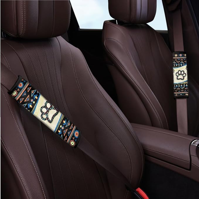 BIGCARJOB Southwest Tribal Paw Car Seat Covers Full Set,12 Pcs Cute Dog Paw Print Car Accessories Set with Auto Front Rear Seat Protector,Armrest Seat Box Cover Cushion,Cup Mats