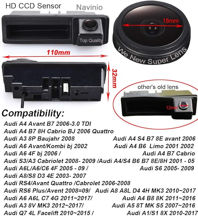 Super Starlight pro Vehicle Camera 170 Wide Angle Night Vision Rear View Camera Reverse Parking for Audi A6L Q7 A3 A4 A6 A8 A5 S4 S6 S3 RS4 RS6(Model B=110 * 32)