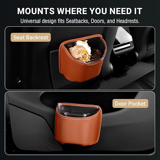 Standard Car Cup Holder Organizer (2-Pack) & Leather Clip on Car Trash Can with Removable Leakproof Liner (1-Pack)