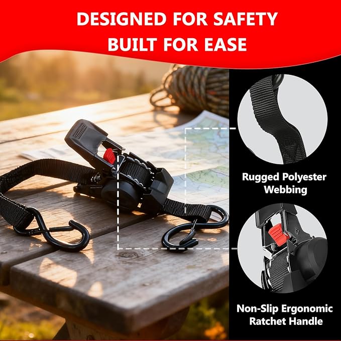Retractable Ratchet Straps (4 Pack) - 1" x 10 ft Heavy Duty Tie Downs with Auto Retract and 1650 lb Break Strength for Cargo Trailer, Motorcycle, ATV - Includes Soft Loops and Bungee Cords