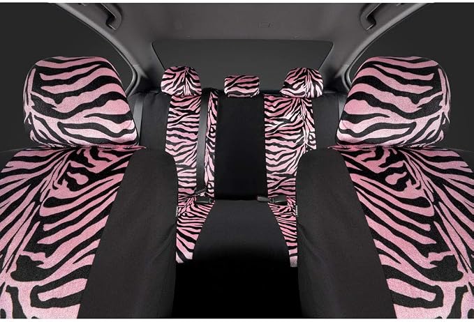 BDK Pink Velvet Zebra Print Car Seat Covers, Full Set with Steering Wheel Cover and Seat Belt Pads, Front and Rear Universal Fit for Car Truck SUV Van, Cute Auto Interior Accessory for Women Girl