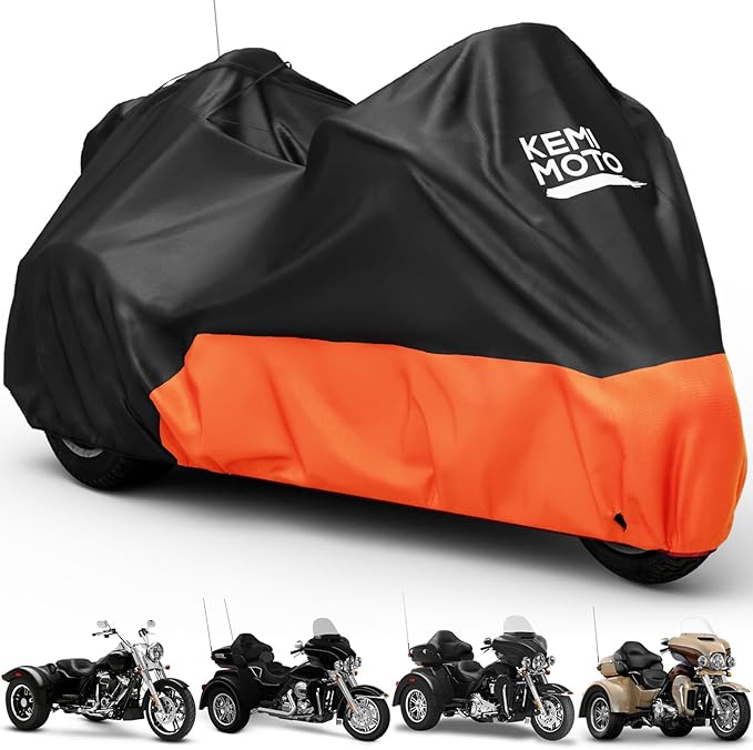 KEMIMOTO Heavy Duty 420D Motorcycle Trike Cover with Antenna Opening 3 Wheel Waterproof Cover Compatible with Trike Models Freewheeler, Tri Glide Outdoor All Weather Protect from Dust Sunlight Rain