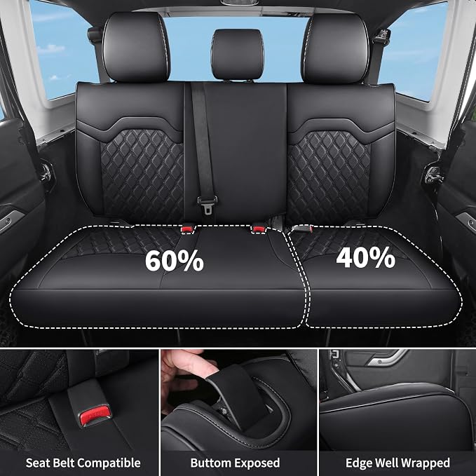 Huidasource Wrangler Seat Covers Fullset 2007-2017, Custom Fit Seat Cushion Cover for Jeep Wrangler Unlimited Rubicon Sahara Sport Leather High Altitude Willys, Airbag Compatible (Full Set/Black)