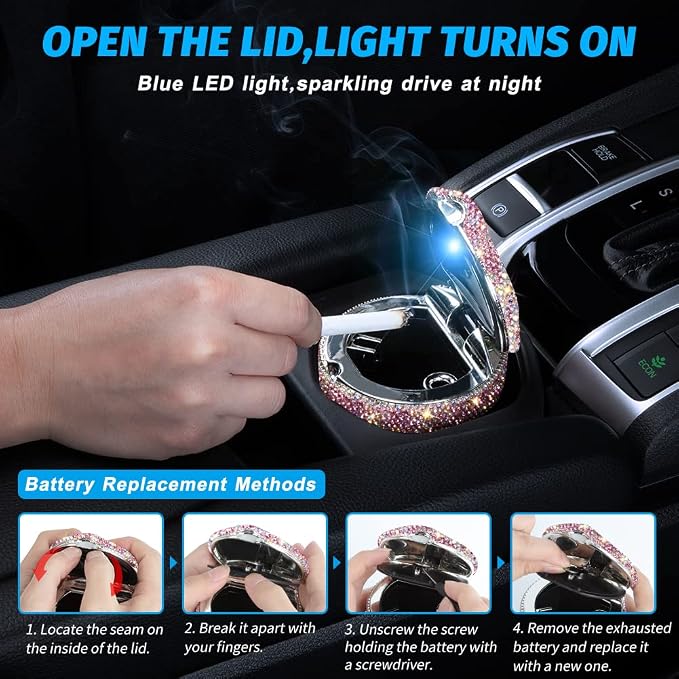 eing Car Ashtray Portable Bling Cigarette Smokeless Cylinder Cup Holder with Blue LED Light Indicator and 2 Replacement Batteries,Car Accessories for Women,Ideal for Car,Home and Office,1-Pack Pink