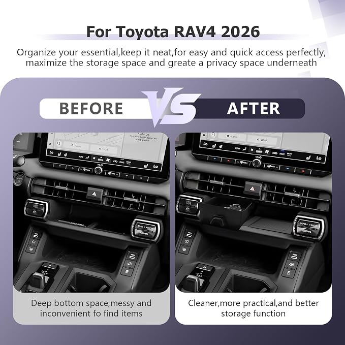 LUWU for 2026 RAV 4 Accessories Compatible with 2026 RAV 4 Center Console Organizer Armrest Console Secondary Storage Box Insert Tray & Center Console Wireless Charging Mat ABS Material Black 2-Pack